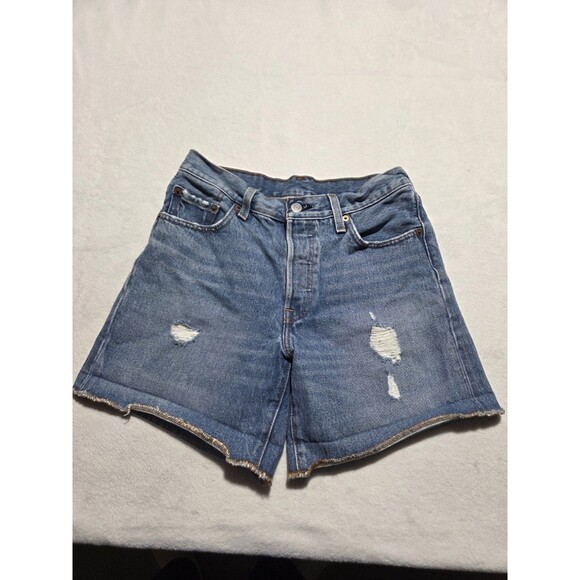 Levis 501 Shorts Womens Size 25 Waist Blue Denim Distressed  Button Fly Cotton - Picture 1 of 12